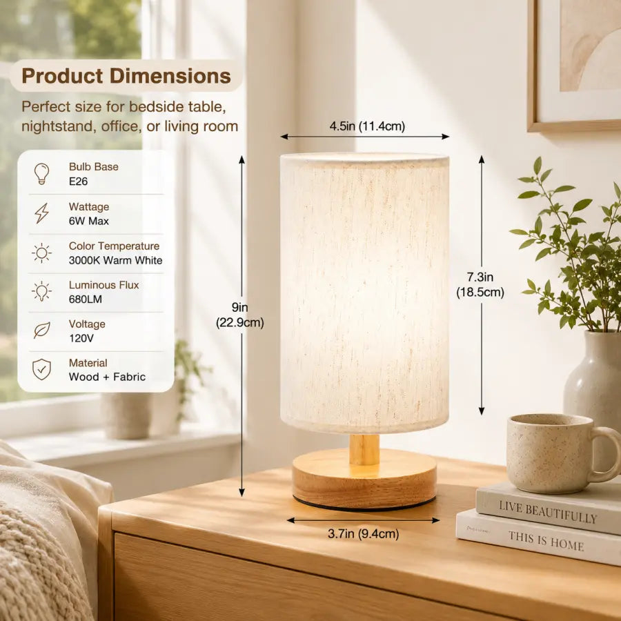 A lit table lamp with a warm white fabric shade and round wooden base sits on a wooden bedside table in a softly styled room. Measurement callouts show the lamp's height, width, and base diameter, with a product dimensions panel on the left listing features like bulb base E26, 6W max, warm white color, 680LM lumens, 120V voltage, and wood + fabric material.