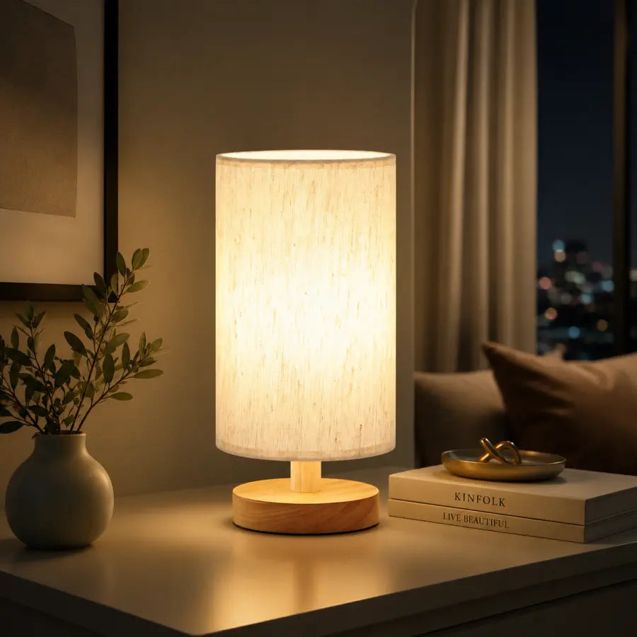 A lit table lamp with a cylindrical beige fabric shade and a round light wood base sits on a tabletop in a softly styled room. A vase with greenery, stacked books, and a pillow are nearby, with a dark window view in the background.