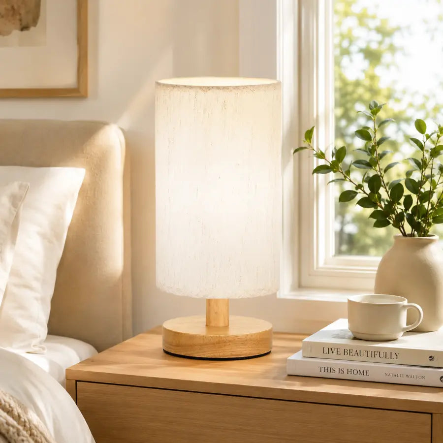 A table lamp with a textured off-white drum shade and a light wood base sits on a wooden nightstand in a softly lit bedroom. A window, white pillows, a vase with greenery, and a stack of books with a white cup are visible nearby.