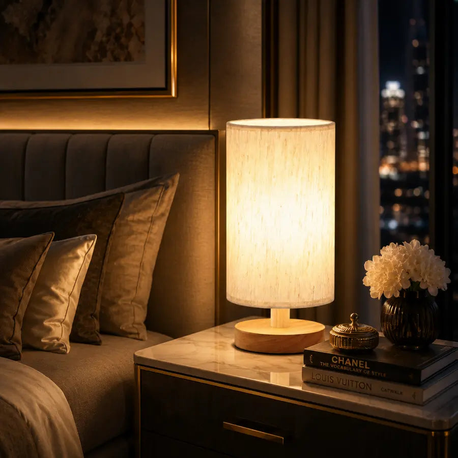 A warm glowing table lamp with a cylindrical cream fabric shade and a round wooden base sits on a marble nightstand in a styled bedroom. Books, a small vase of white flowers, and a bed with pillows are visible in the background, with a blurred city skyline at night outside the window.