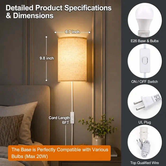 Product specifications and dimensions graphic for a wall-mounted lamp. The main panel shows the lamp lit in a bedroom setting with labeled measurements: 6.