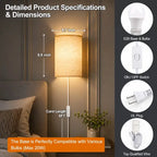 Product specifications and dimensions graphic for a wall-mounted lamp. The main panel shows the lamp lit in a bedroom setting with labeled measurements: 6.