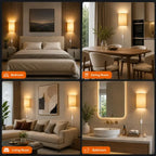 A four-panel collage showing a warm, modern wall sconce lamp in use across different interior settings: a bedroom, a dining room, a living room, and a bathroom. Each panel shows the lamp mounted on a wall beside furniture and fixtures, emitting a soft warm light.