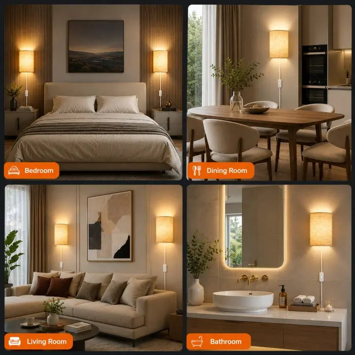 A four-panel collage showing a warm, modern wall sconce lamp in use across different interior settings: a bedroom, a dining room, a living room, and a bathroom. Each panel shows the lamp mounted on a wall beside furniture and fixtures, emitting a soft warm light.