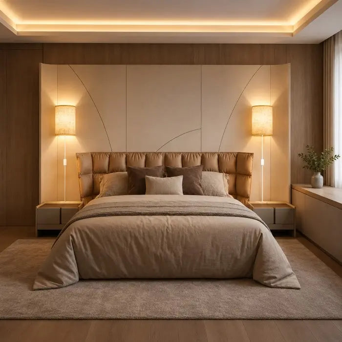 A modern bedroom featuring a low-profile platform bed with a tufted upholstered headboard, dressed in neutral beige and taupe bedding. The bed is flanked by matching nightstands and illuminated by two warm wall sconces, set against a wood-paneled wall with a decorative geometric accent panel.