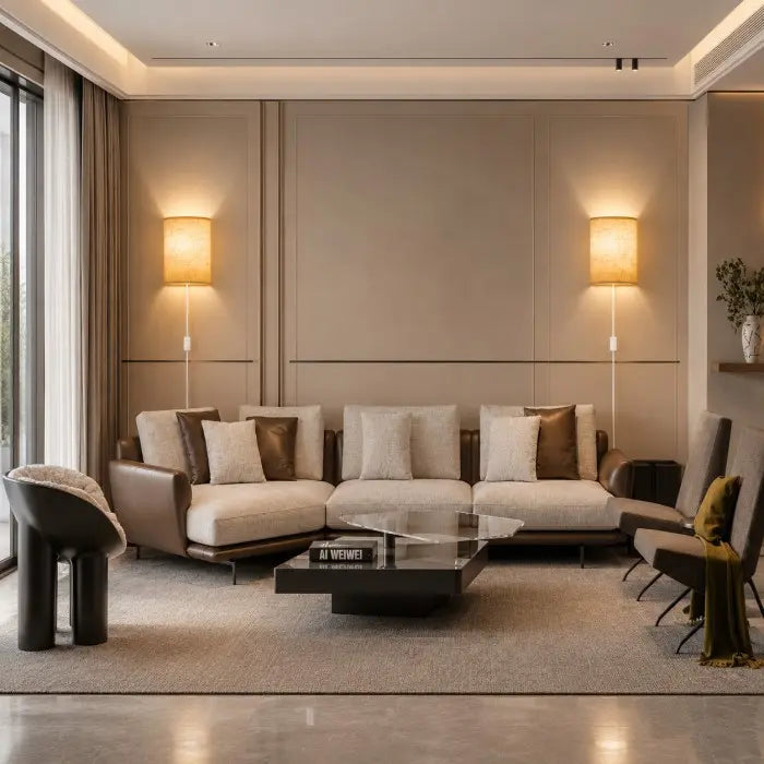 A modern living room featuring a beige sectional sofa with brown leather arms, styled with neutral and brown accent pillows, a black glass-top coffee table, and warm wall-mounted floor lamps.