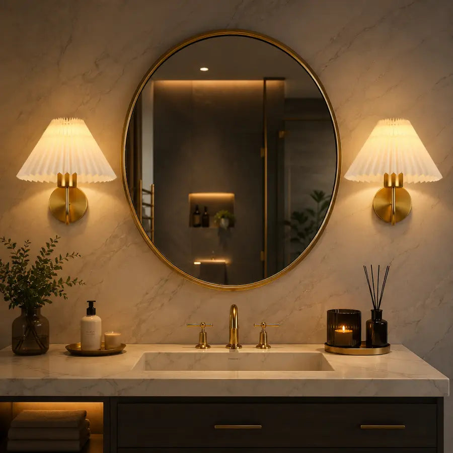 A round wall mirror with a gold frame hangs above a white marble bathroom vanity with a gold faucet. Flanking the mirror are two lit wall sconces with white pleated shades and gold bases.