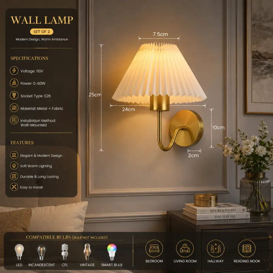 A wall-mounted LED wall lamp with a pleated white fabric shade and a gold metal bracket, shown lit in a styled interior setting. The image includes a product information panel on the left with dimensions (7.