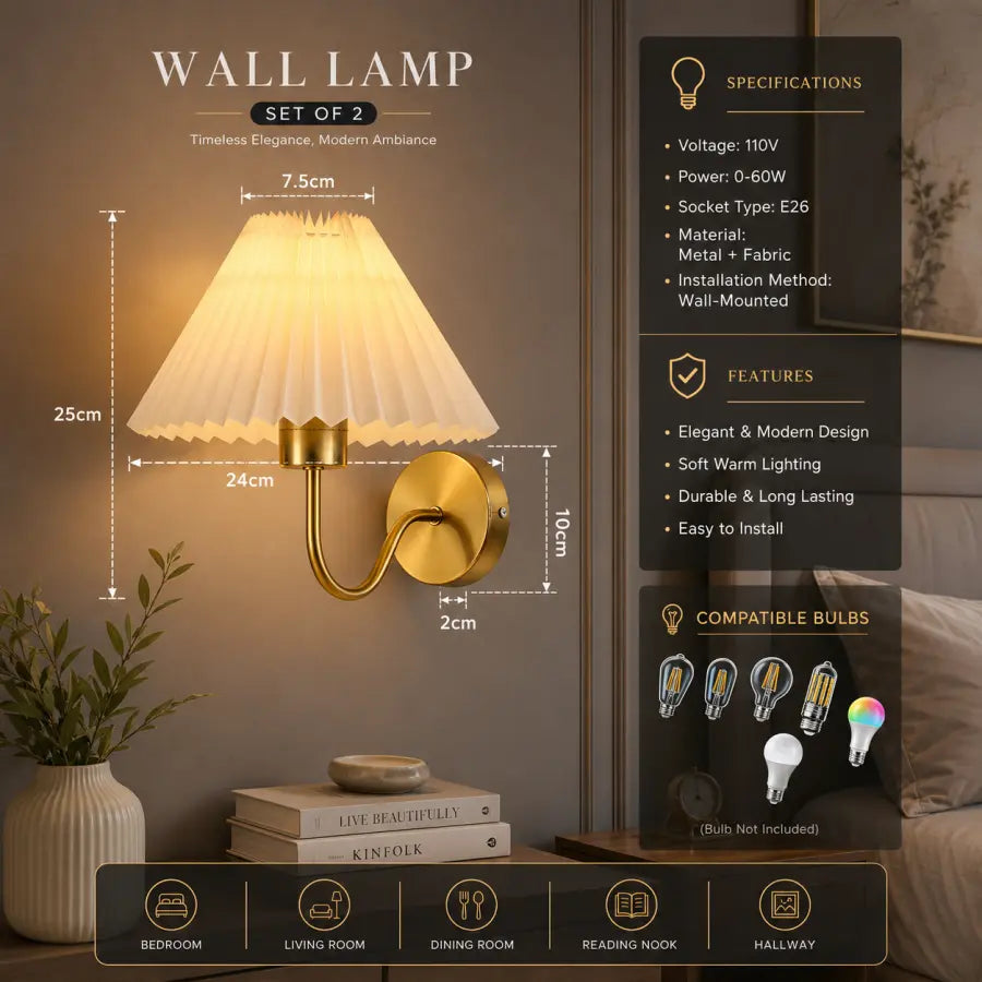 A wall lamp set shown in a styled bedroom interior with overlaid dimension lines and feature/spec text panels. The product appears to be a two-light wall lamp with pleated cream shades and warm gold/brass metal mounts.
