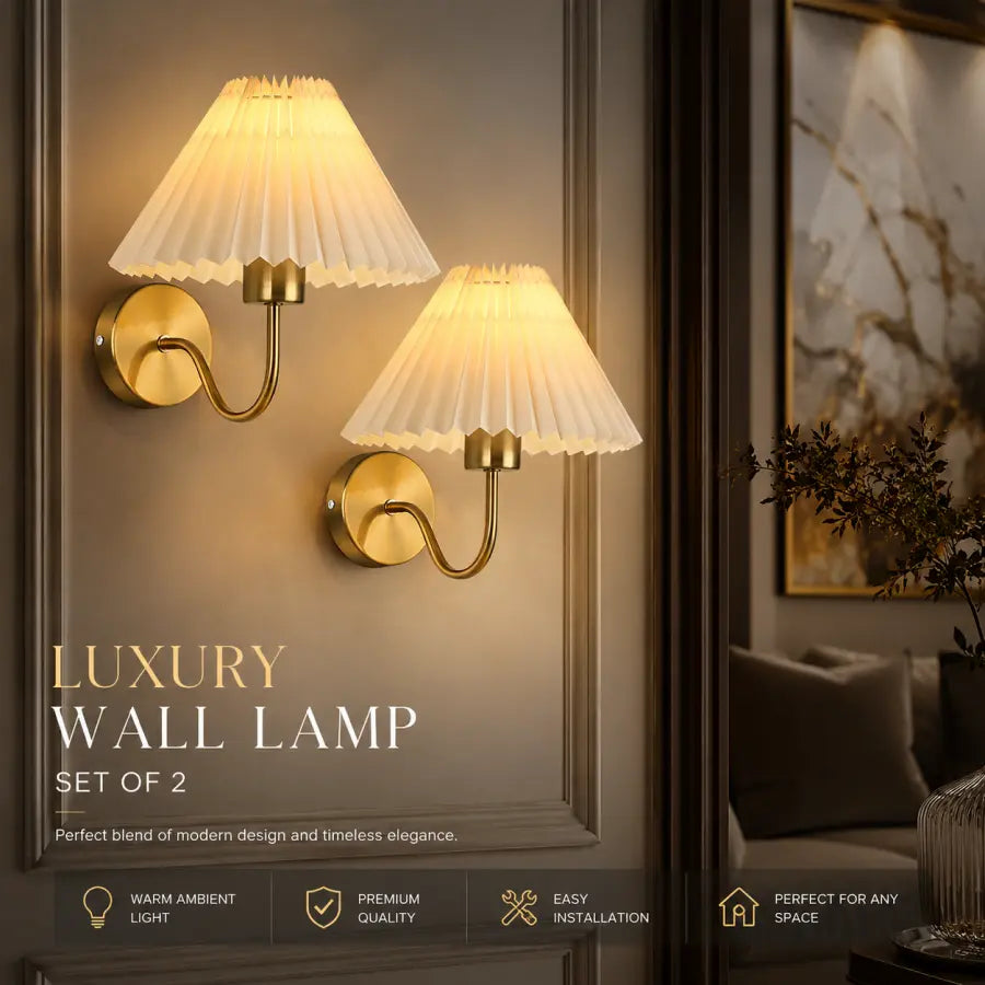 Battery Operated Wall Sconces Set of 2  Gold Rechargeable Wireless Wall Lights with Remote, Magnetic Dimmable 15-Color LED Bulbs & Pleated Shades