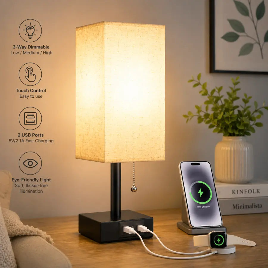 A rectangular table lamp with a warm beige fabric shade and black base sits on a wooden table, charging a smartphone and smartwatch via built-in USB ports. The scene is styled in a home setting with a plant, framed wall art, and a book, with feature icons and text on the left highlighting lamp features like dimmability, touch control, USB charging, and eye-friendly lighting.