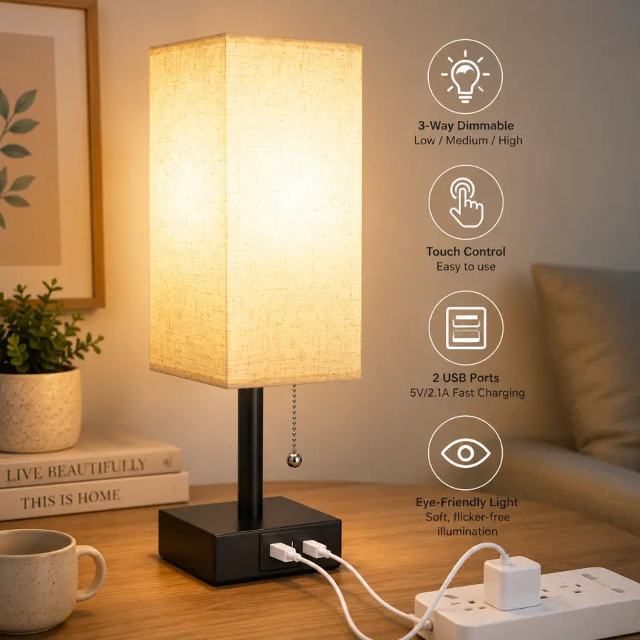 A rectangular table lamp with a beige fabric shade and black base sits on a wooden table in a cozy room setting. The lamp has built-in USB charging ports on the base, with two white chargers plugged in.