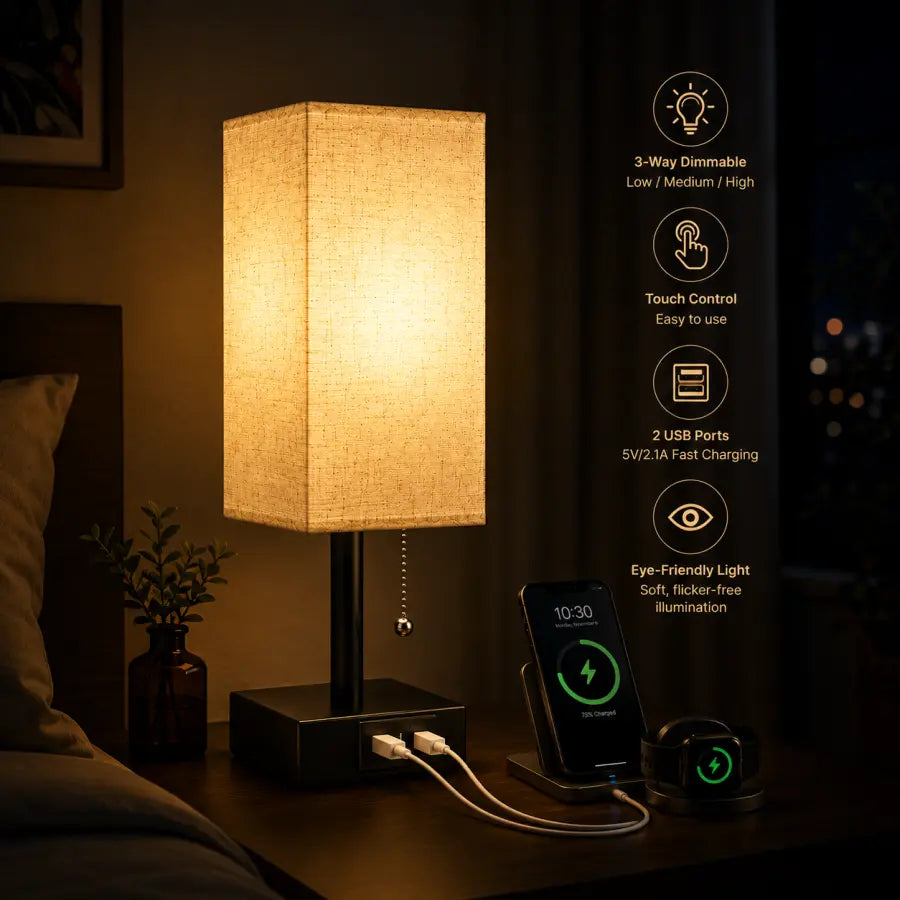 A lit rectangular table lamp with a warm beige fabric shade and black base sits on a bedside table, charging a smartphone and a small device via USB. The scene is dimly lit, with a nightstand, framed wall art, and a vertical panel of feature icons on the right describing dimmability, touch control, fast charging, and eye-friendly lighting.