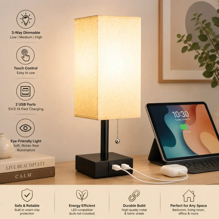 A rectangular table lamp with a warm beige fabric shade and a black base sits on a desk next to a tablet and charging case. The image includes feature callouts on the left and benefit icons along the bottom, set in a styled home office environment.