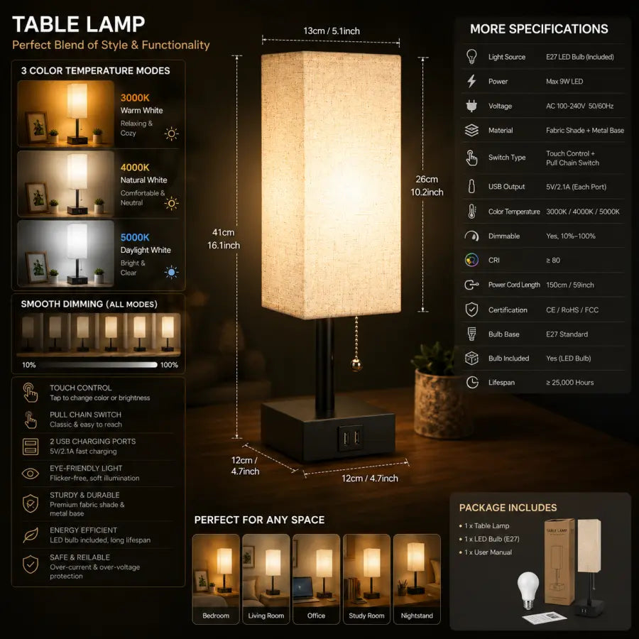 A table lamp with a rectangular beige fabric shade and a black base, shown on a dark promotional infographic with dimensions, lighting modes, specifications, and package contents.