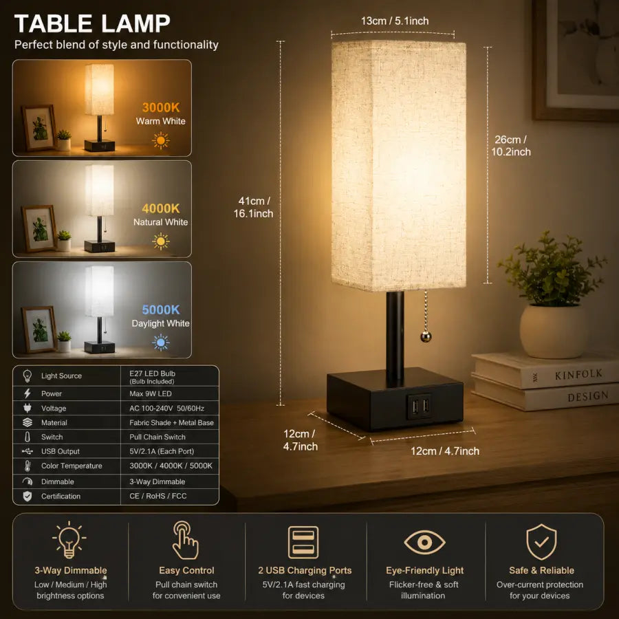 A table lamp with a rectangular beige fabric shade and a black base, shown lit on a wooden surface with measurement labels, feature icons, and lighting color options including warm, natural, and daylight white.