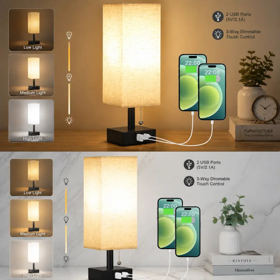 A table lamp with a beige fabric drum shade and black base, shown in a split infographic demonstrating light modes and USB charging capability with two smartphones connected via a white cable.