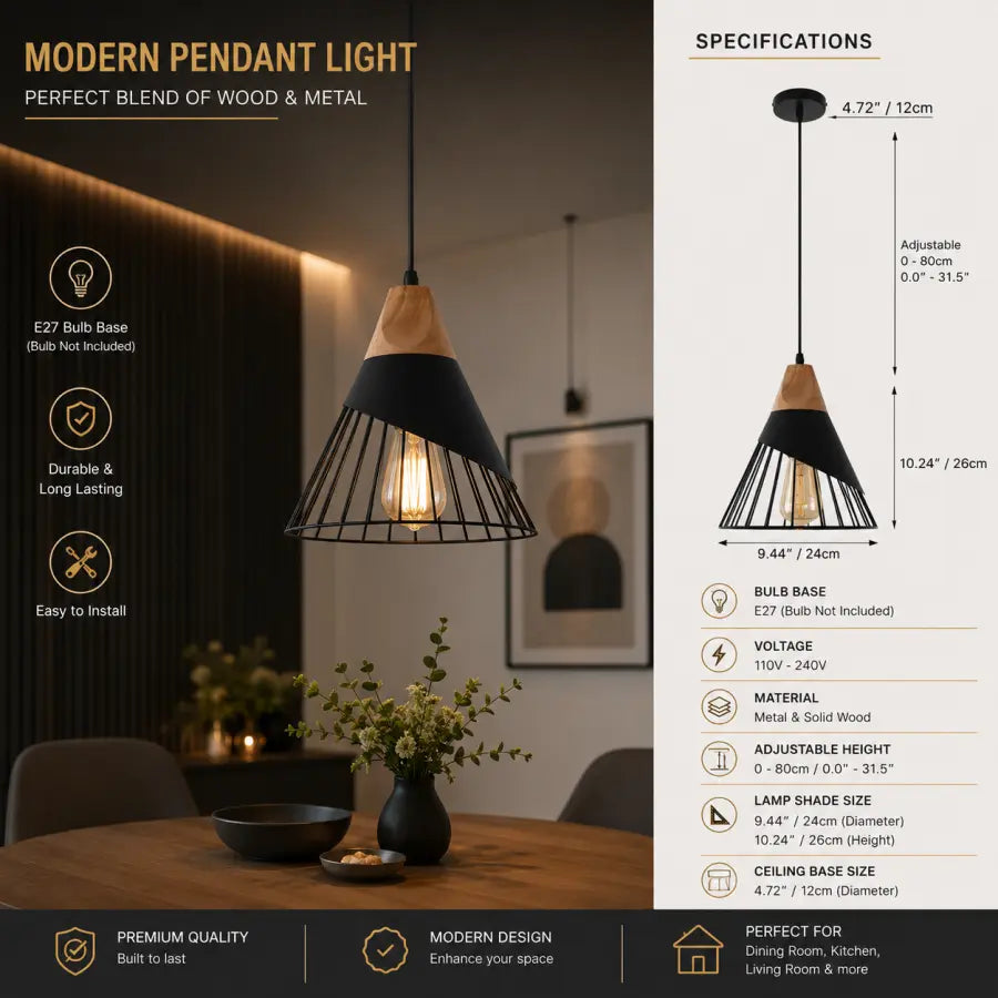 Black Wood Pendant Light  Adjustable Hanging Ceiling Light for Kitchen Island, Dining Room, Bar, Bedroom & Hallway