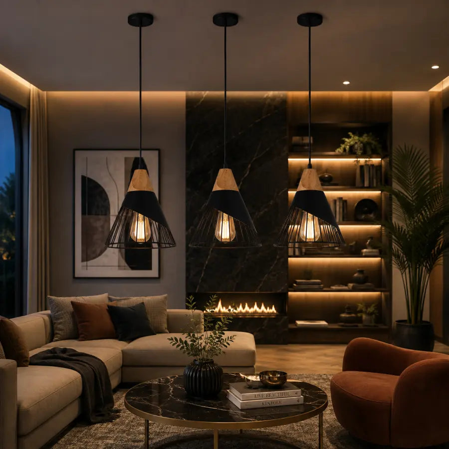 Black Wood Pendant Light  Adjustable Hanging Ceiling Light for Kitchen Island, Dining Room, Bar, Bedroom & Hallway