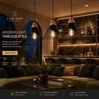 Three modern pendant lights with black metal wire cone cages and natural wood shades hang over a dark green sofa in a stylishly lit living room. The background features a warm, illuminated bar area with marble backsplash and shelves.