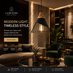 A modern pendant light with a black metal cone cage and a natural wood top, glowing with a warm light, shown hanging in a luxurious, dimly lit living room. The brand 'LUMIÈRE HOME LIGHTING' is displayed on the left with promotional text.