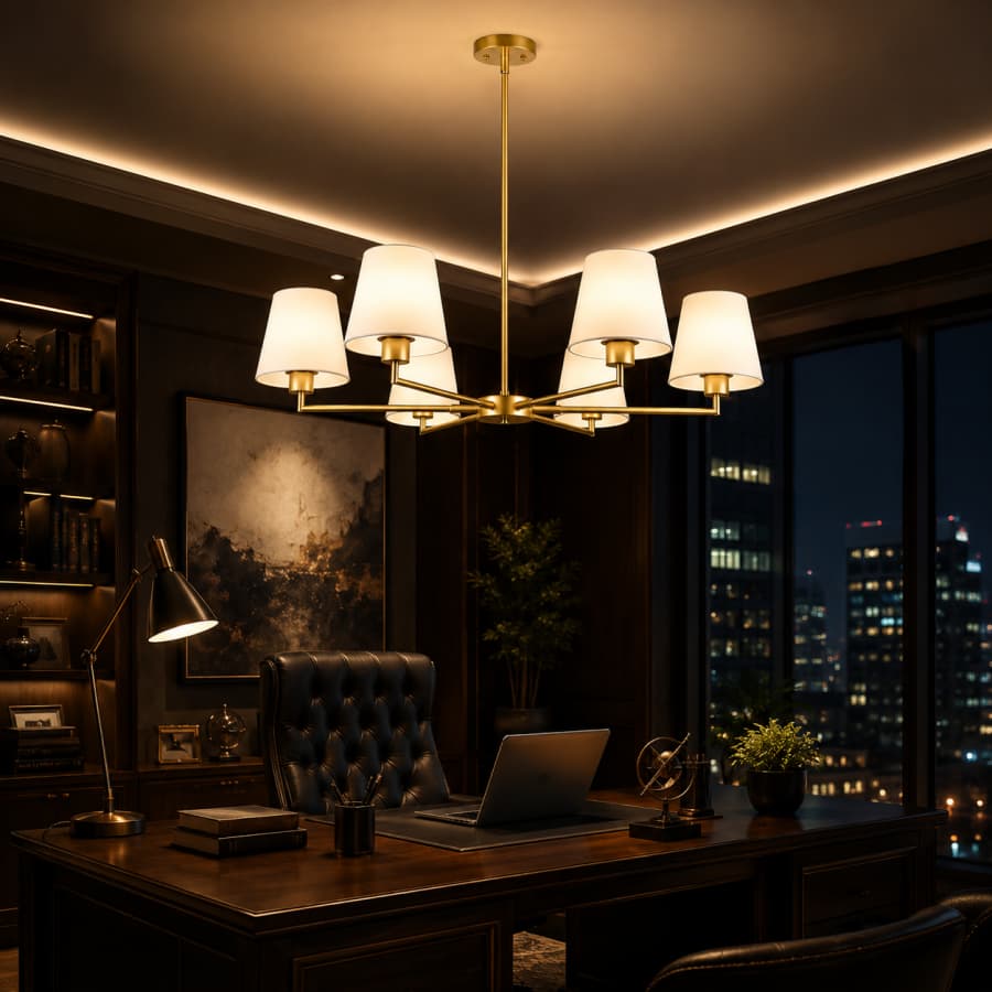 A modern six-light brass chandelier with white drum shades hangs over a dark wood desk in a stylishly decorated home office at night.