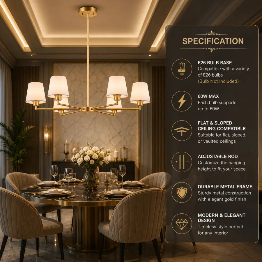 A modern multi-light dining room chandelier with five white drum shades and a gold-toned metal frame, shown hanging over a round dining table. A large specification panel overlays the right side of the image with text detailing bulb count, wattage, ceiling compatibility, adjustability, and durability.
