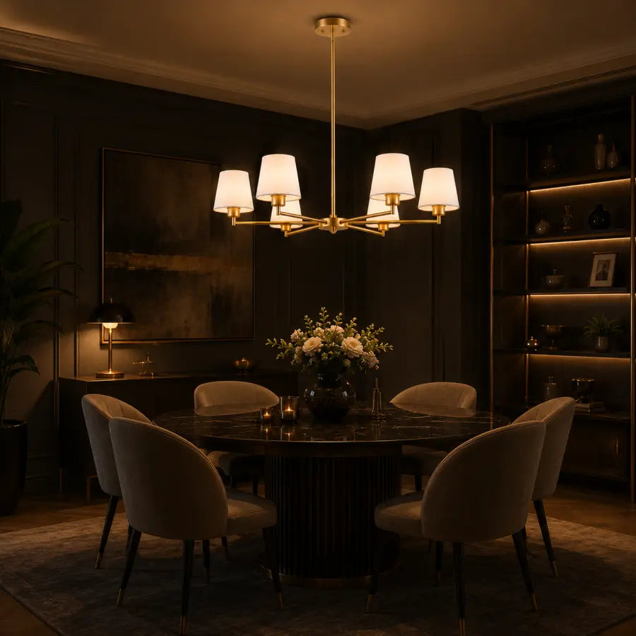 A modern six-light chandelier with white drum shades and a gold-toned frame hangs over a dark round dining table with upholstered chairs in a dimly lit, elegant dining room.