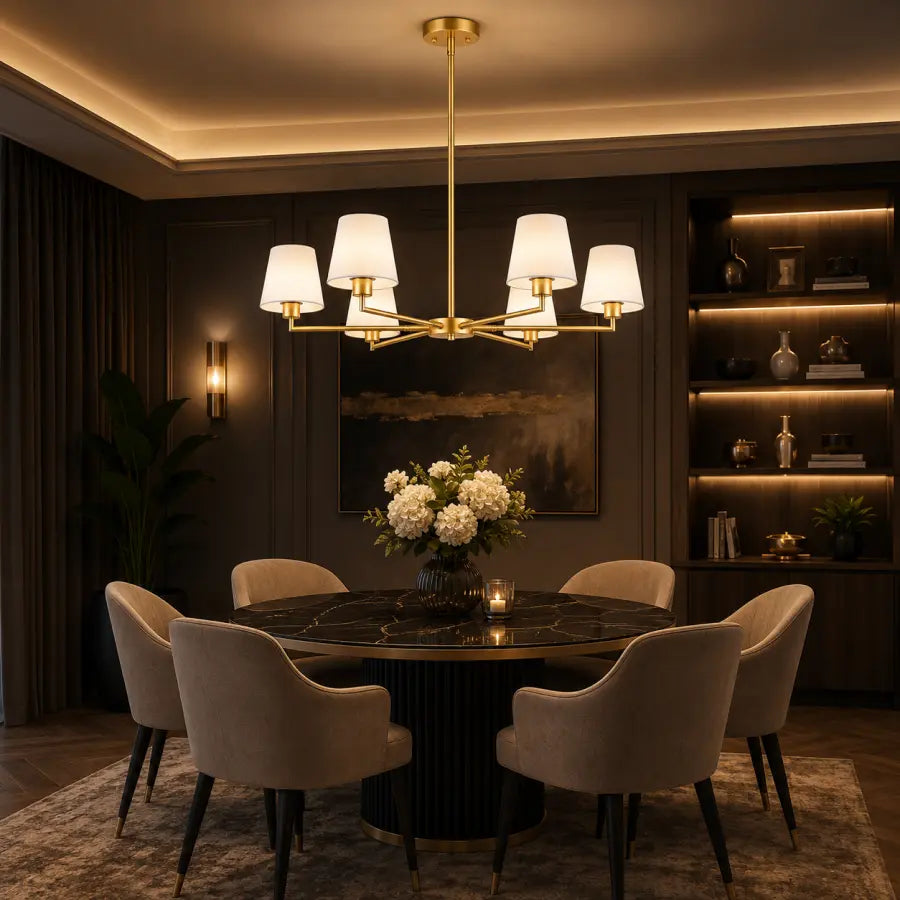 A modern dining room scene with a round black marble dining table surrounded by six beige upholstered chairs under a gold multi-light chandelier. The room features dark wood paneling, built-in shelves with warm lighting, and a floral centerpiece on the table.