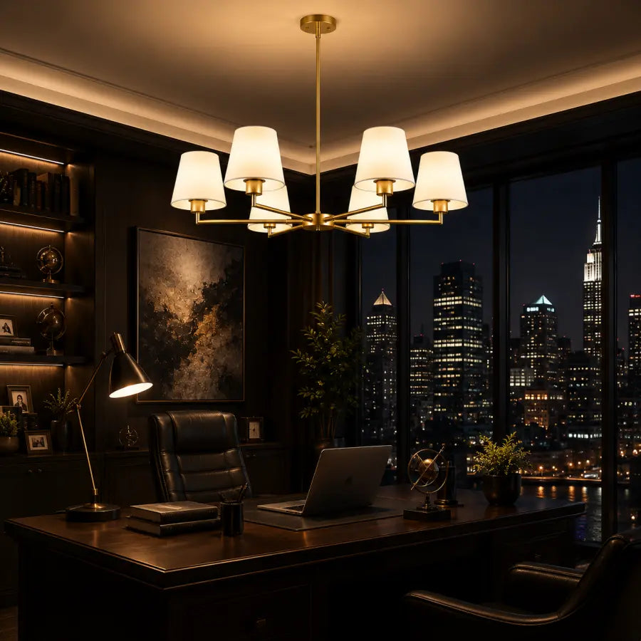 A modern brass six-light chandelier with white drum shades hangs over a dark wood desk in a luxurious, dimly lit home office with a city skyline at night visible through large windows.