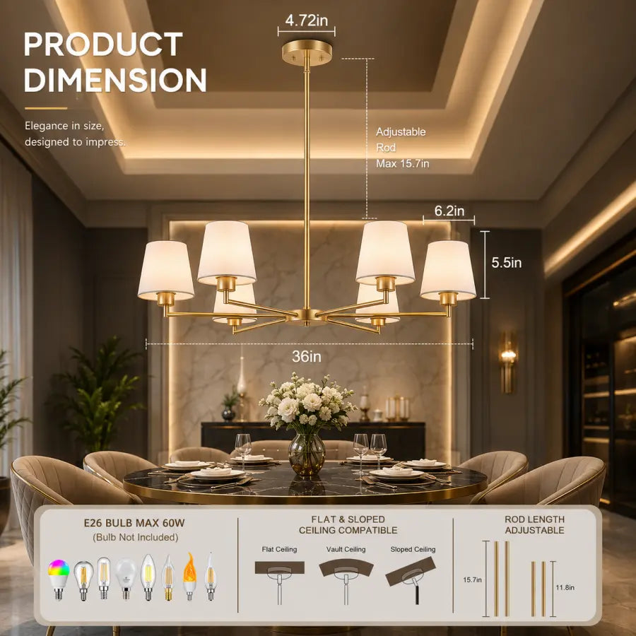 Product dimension diagram for a modern multi-light linear chandelier shown installed in a dining room. The image includes labeled measurements for width, height, and rod length, plus a bottom panel showing bulb options and mounting details.
