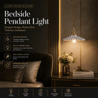 Luxury bedside pendant light with a vintage-inspired fluted shade, shown illuminated in a styled bedroom setting next to a bed and console table.
