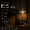 A bedside pendant light with a vintage-style white scalloped glass shade and warm glowing bulb, shown hanging above a bed in a dark, cozy bedroom setting with text callouts on the left.