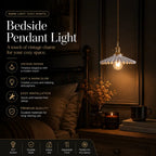 A bedside pendant light with a vintage-style white scalloped glass shade and warm glowing bulb, shown hanging above a bed in a dark, cozy bedroom setting with text callouts on the left.