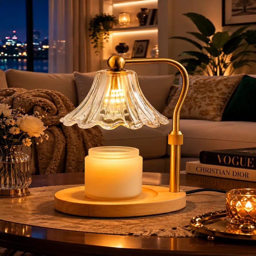 A modern table lamp with a warm glowing glass shade, a round wooden base, and a lit white candle in the center, placed on a table in a cozy living room setting.
