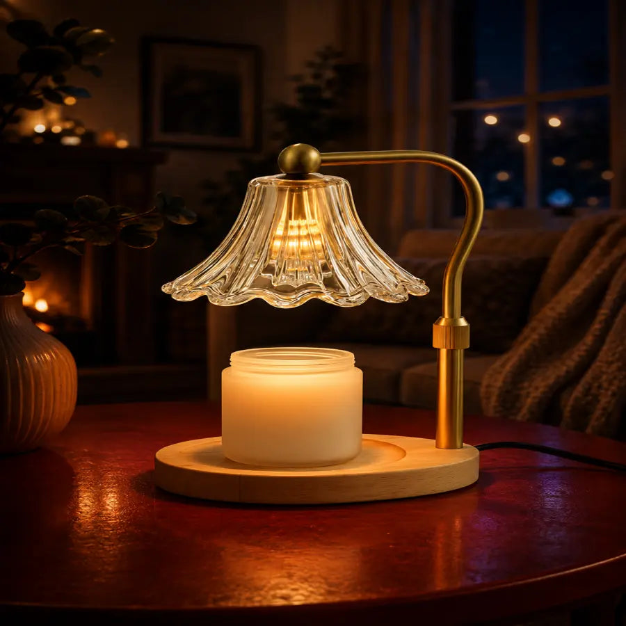 A warm, glowing table lamp with a clear ribbed glass shade, a brass-colored metal arm, and a round wooden base holding a lit cream candle, set on a dark wooden table in a cozy, dimly lit living room.