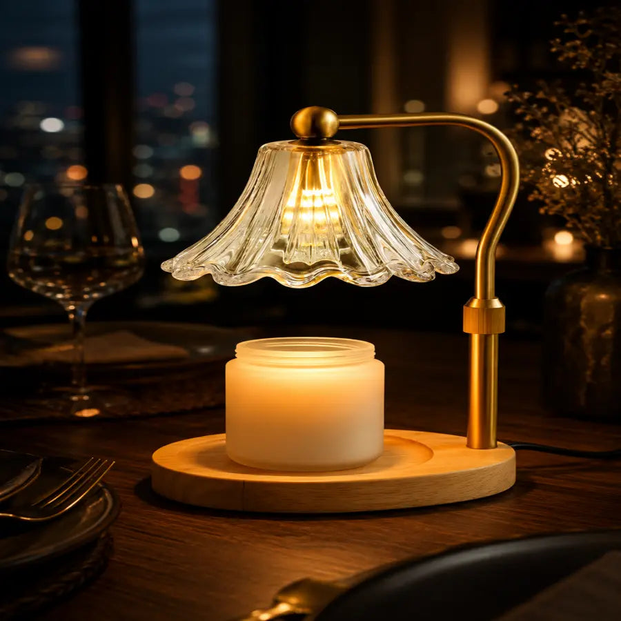 A warm brass table lamp with a fluted clear glass shade hovering above a glowing white candle on a round wooden base, set on a dark wooden table in a dimly lit dining environment.