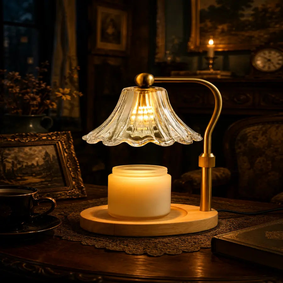 A vintage-style table lamp with a clear ribbed glass bell shade, a curved brass arm, and a warm white candle jar on a round wooden base, placed on a dark wooden table in a dimly lit room.