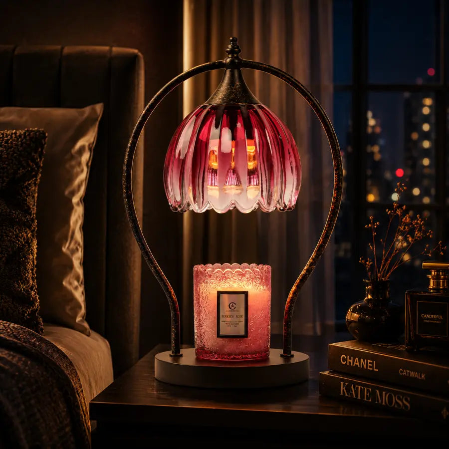 A decorative table lamp with a pink ribbed glass shade and dark metal frame, shown lit on a bedside table next to a candle and books in a dimly lit bedroom.