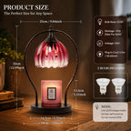 A pink glass table lamp with a black metal frame and a pink candle-style bulb inside, shown on a wooden surface with overlaid product size measurements and feature callouts for a GU10 bulb, 35W wattage, 110V voltage, 2 bulbs included, and a note about using GU10 halogen bulbs.