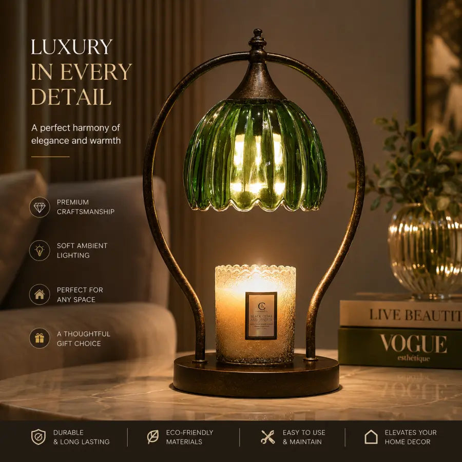 A decorative table lamp with a green ribbed glass shade and a lit candle inside, set on a tabletop in a warmly lit room. Text on the left highlights luxury detail, and a book and plant appear in the background.