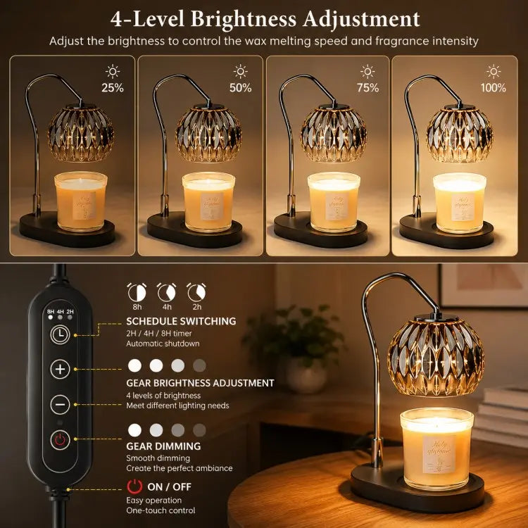 Black candle warmer lamp with timer and dimmer warming a scented jar candle on a wooden table in a modern living room