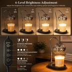 Black candle warmer lamp with timer and dimmer warming a scented jar candle on a wooden table in a modern living room