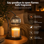 Black candle warmer lamp with timer and dimmer warming a scented jar candle on a wooden table in a modern living room
