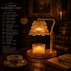 A warm golden table lamp with a tiered glass shade and matching glass base, shown lit in a dark, vintage-style room. Text on the left lists product specifications and features.
