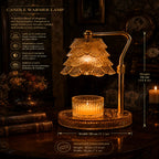 An ornate amber glass candle warmer lamp with a tiered shade, curved stem, and matching glass candle holder on a round base, shown on a dark wooden table with decorative books and a candle. Text overlays show product dimensions and features.