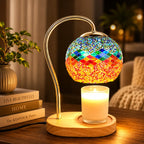 Vintage mosaic glass candle warmer lamp with wooden base, electric wax warmer for scented jar candles, cozy home décor and flameless fragrance