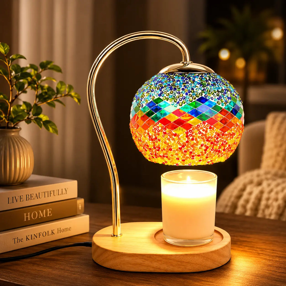Vintage mosaic glass candle warmer lamp with wooden base, electric wax warmer for scented jar candles, cozy home décor and flameless fragrance