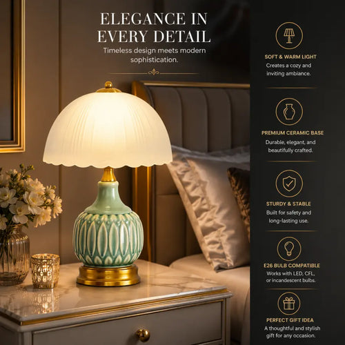 A decorative table lamp with a ribbed white dome shade, a light green ceramic base, and a gold-toned metal base and finial, shown lit on a bedroom nightstand. The scene includes promotional text and feature callouts on the right side.