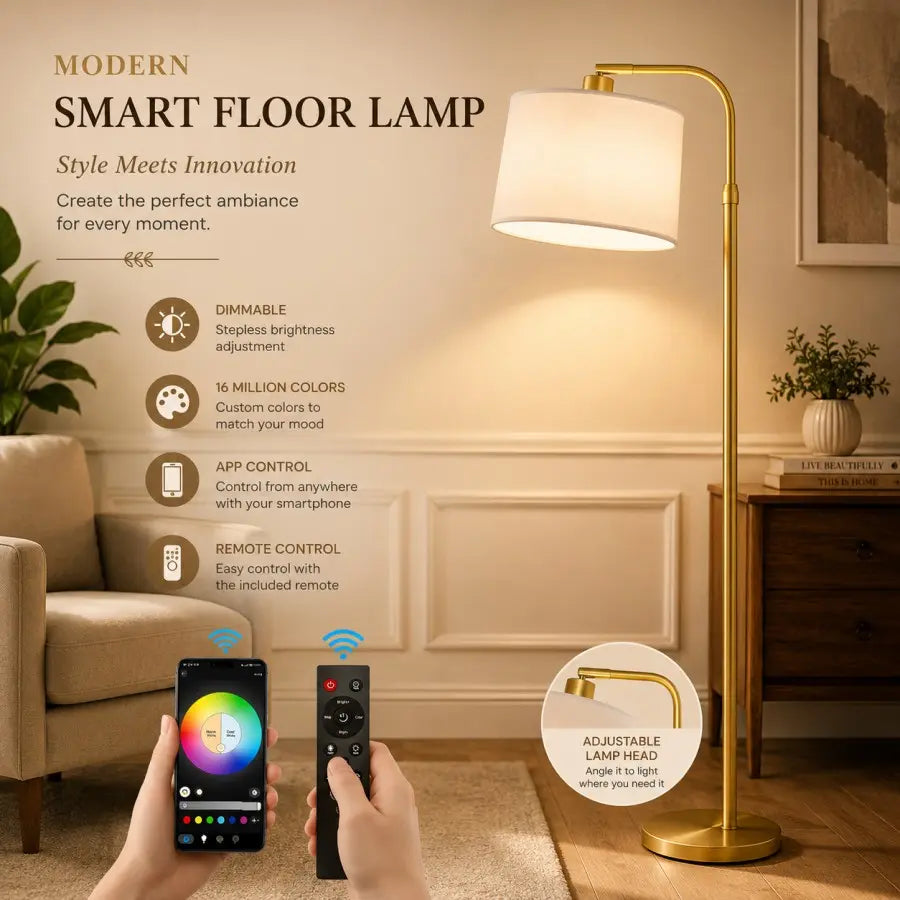 A modern smart floor lamp with a white drum shade and gold-toned metal stand in a living room setting, shown with a smartphone app screen and remote control held by hands at the bottom. Text on the left highlights features like dimmable brightness, color customization, app control, and remote control, with a circular inset showing the adjustable lamp head.